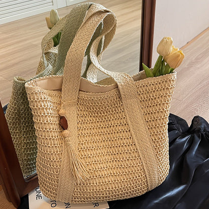 Straw Woven Tote Bag for Women with Tassel, Large Beach Storage and 3 Natural Color Options