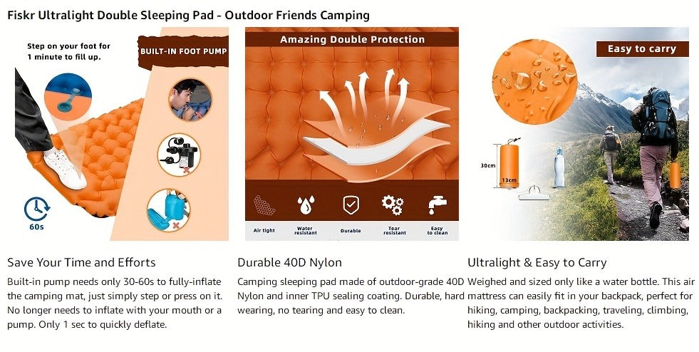 Camping Sleeping Pad Inflatable & Self-Inflating – Ultralight TPU Nylon Mat with Built-In Pump, Single & Double Size for Backpacking
