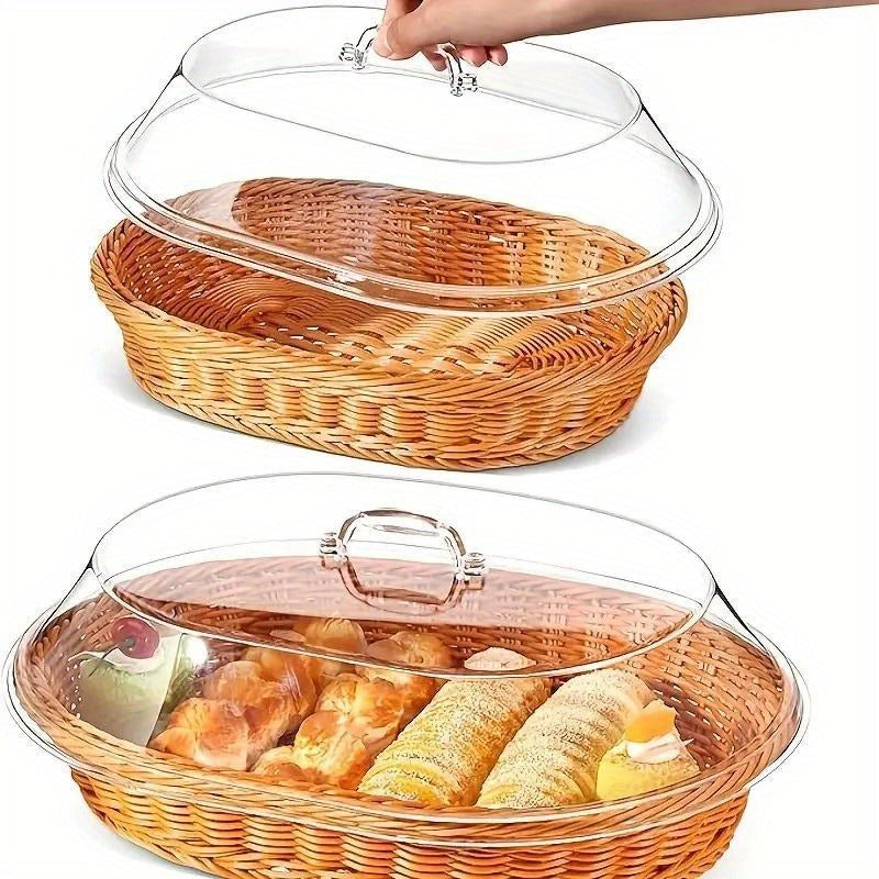 Wicker Bread Basket with Clear Acrylic Lid Rattan Storage Basket Washable Food Tray for Bread Fruit Desserts Kitchen Picnic Home Display