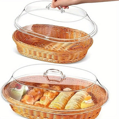 Wicker Bread Basket with Clear Acrylic Lid Rattan Storage Basket Washable Food Tray for Bread Fruit Desserts Kitchen Picnic Home Display