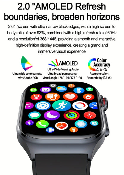 Smart Watch 2.04-Inch AMOLED Display with Bluetooth 5.3 Calling, 530mAh Battery and Six Strap Options