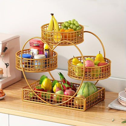 Three-Tier Gold-Tone Wire Fruit Basket with Three Round Bowls and Rectangular Countertop Base
