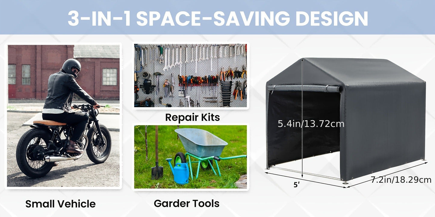 Portable PE-Tarpaulin Outdoor Storage Shelter with Steel Frame in 5 x 7.2 Ft or 6.3 x 8 Ft Sizes