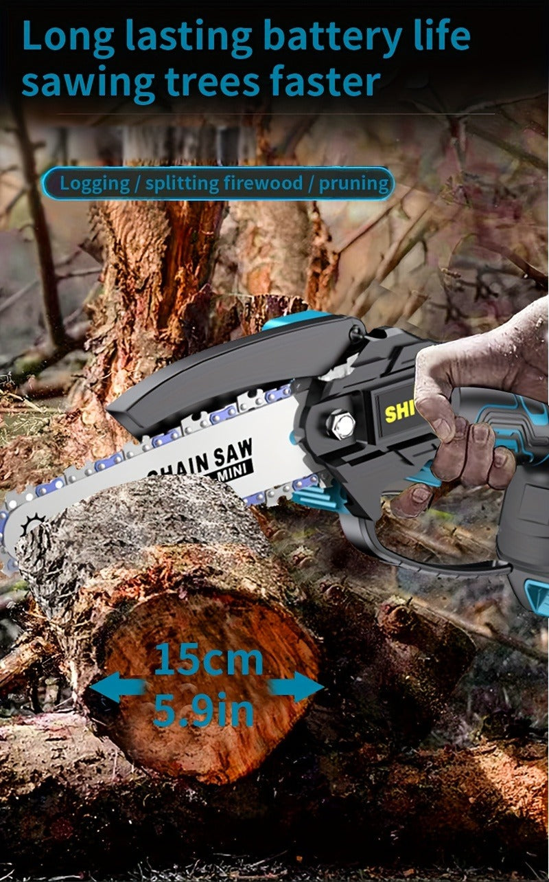 Handheld Electric Chainsaw, Mini Cordless Portable Tree Cutter with Splash Guard, Security Lock, Rechargeable Battery Options