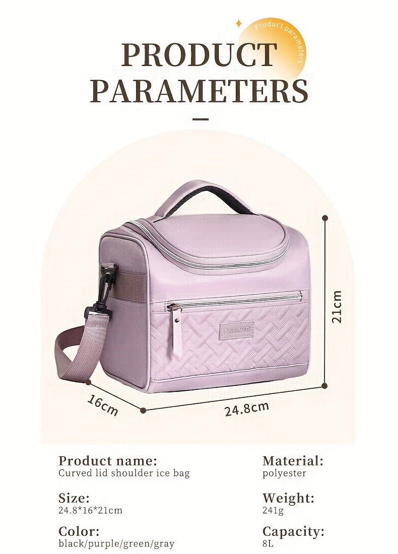 Quilted Lunch Bag Tote with Dual Zippers, Front and Side Pockets, Shoulder Strap and Four Colors
