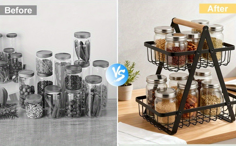 Fruit Basket Kitchen Organizer 2 or 3 Tier Metal Stand with Removable Wooden Handles for Countertop