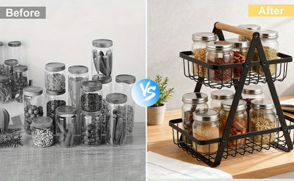 Fruit Basket Kitchen Organizer 2 or 3 Tier Metal Stand with Removable Wooden Handles for Countertop
