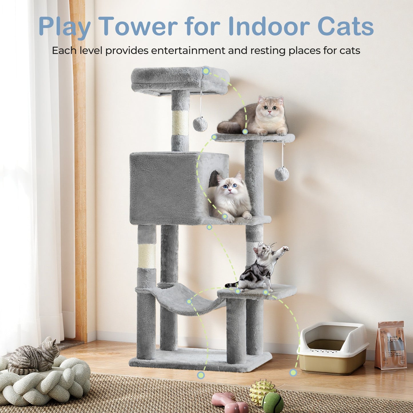 44-Inch Cat Tree Tower with Condo & Hammock – Multi-Level Indoor Cat Tree with Natural Sisal Scratching Posts