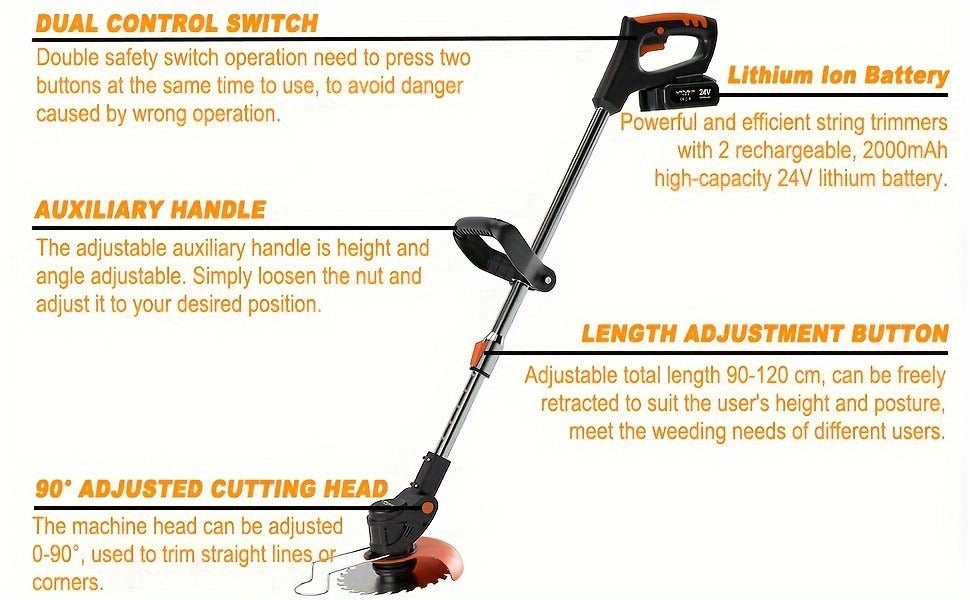 Cordless String Trimmer 24V 800W, Weed Wacker with 2 Batteries, Charger & 3 Blades, Adjustable Head