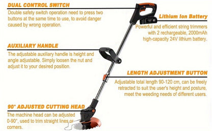 Cordless String Trimmer 24V 800W, Weed Wacker with 2 Batteries, Charger & 3 Blades, Adjustable Head
