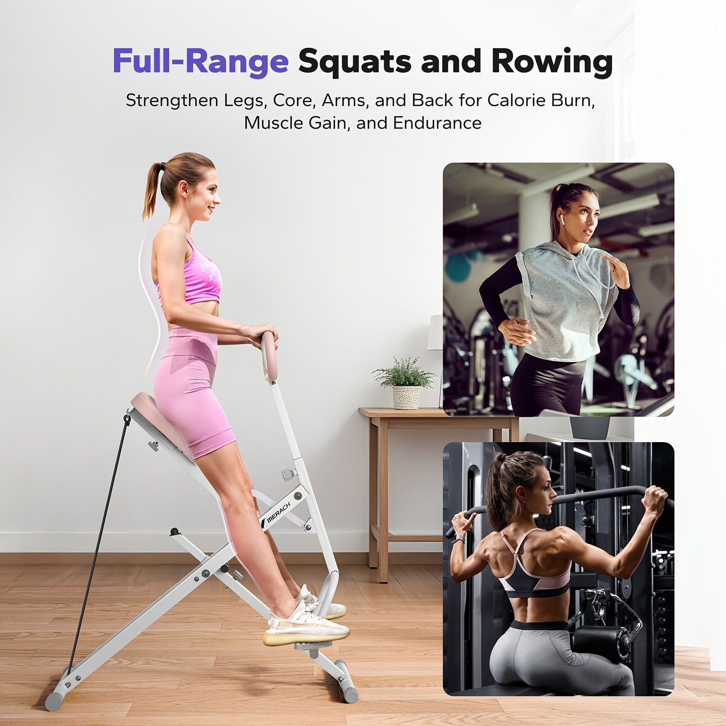 Rowing Machine 2-in-1 Squat & Row – Foldable Glute Trainer with LCD Display, 3 Resistance Bands, 350 lbs Capacity