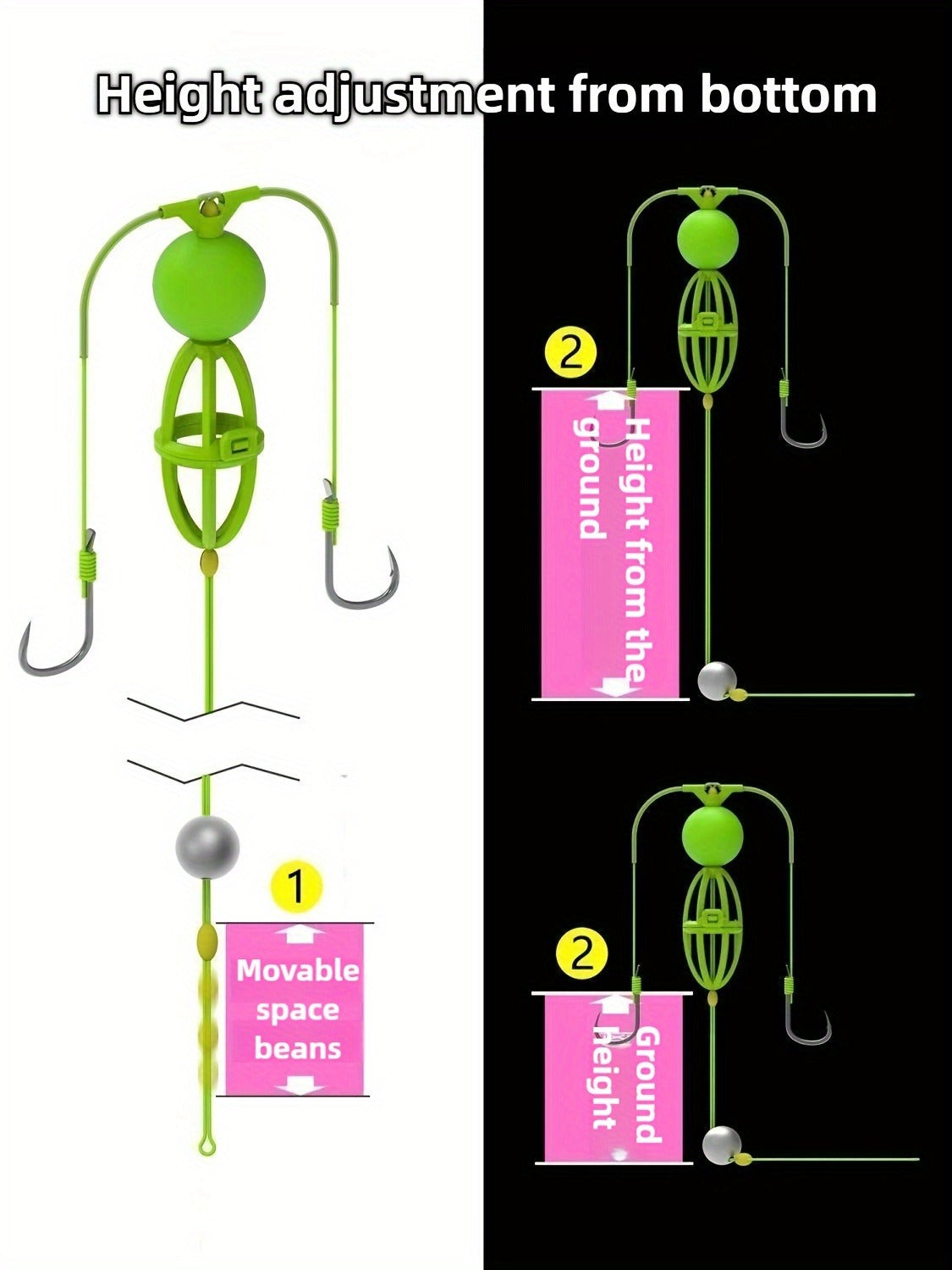 Fishing Hook Cage Set 3pcs Anti-Snag Double Hook Rig with Non-Twist Explosive & Flip Hooks – Carbon Steel Green Lure Fishing Bottom Hanging