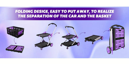 Collapsible Utility Cart Foldable Shopping Trolley 4-Wheel 360° Swivel Locking Brake Portable Dolly for Grocery Mall Camping Pink Purple