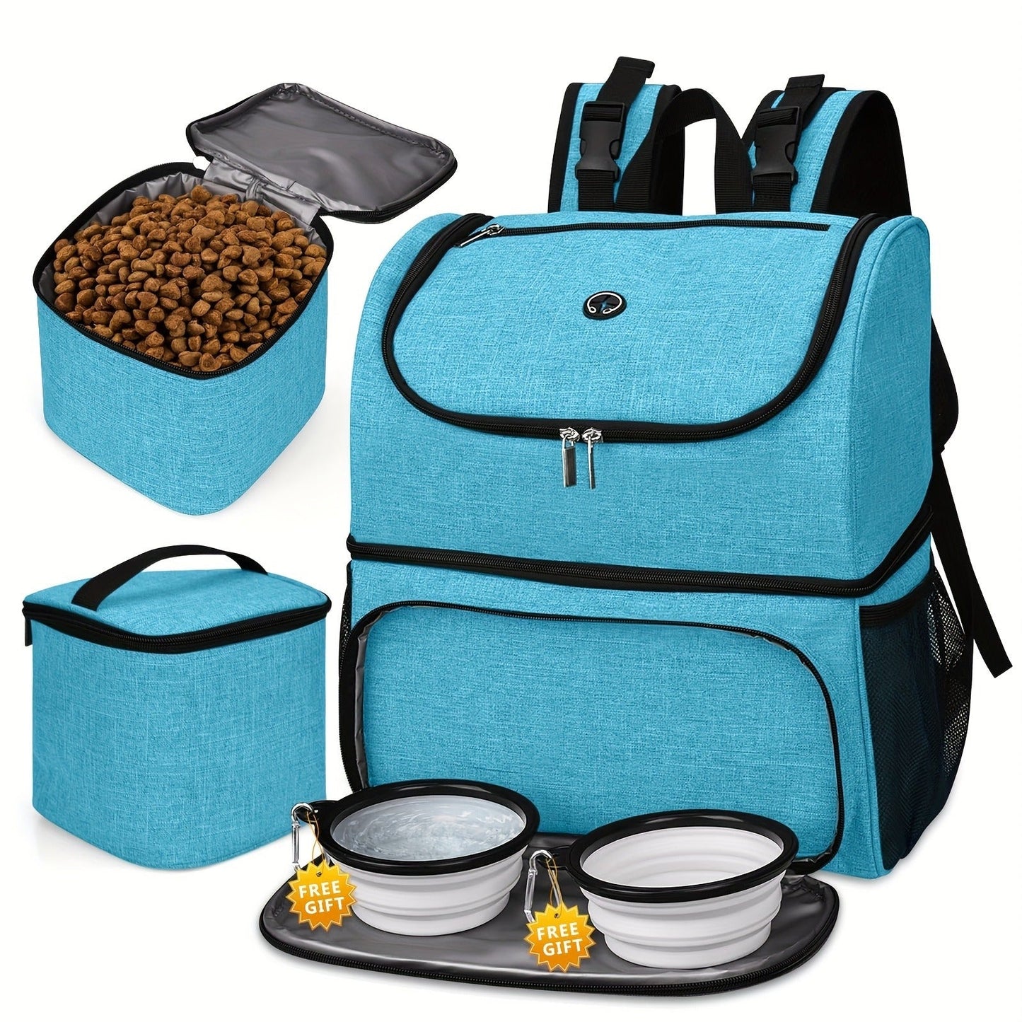 Pet Travel Backpack Double Layer Dog Cat Supplies Bag with 2 Collapsible Bowls 2 Food Baskets Portable Organizer for Outdoor Hiking Camping
