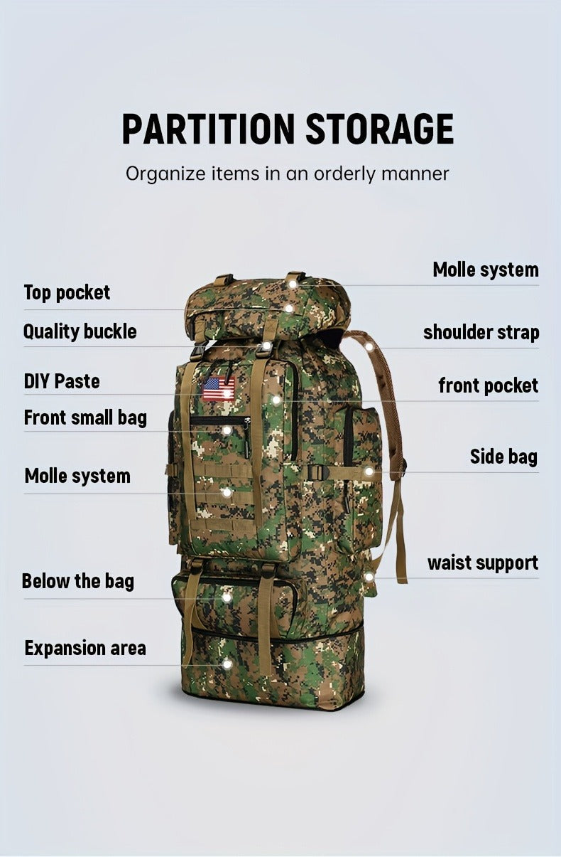 100L-Labeled Tall Tactical Rucksack with Roll-Top Compartment, Lower Pouch and Five Color Options