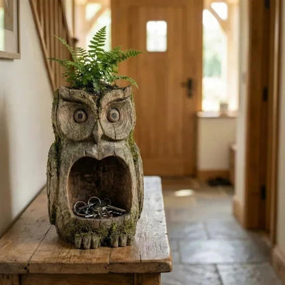 Bird Feeder Hanging Outdoor Rustic Wood Owl-Shaped Plant Pot for Patio Lawn Garden Decor – Open Design Decorative Planter for Bird Seed
