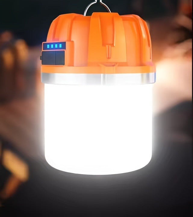 Orange Hanging Camping Lantern with Three Brightness Settings, Type-C Charging Port and Integrated Hook