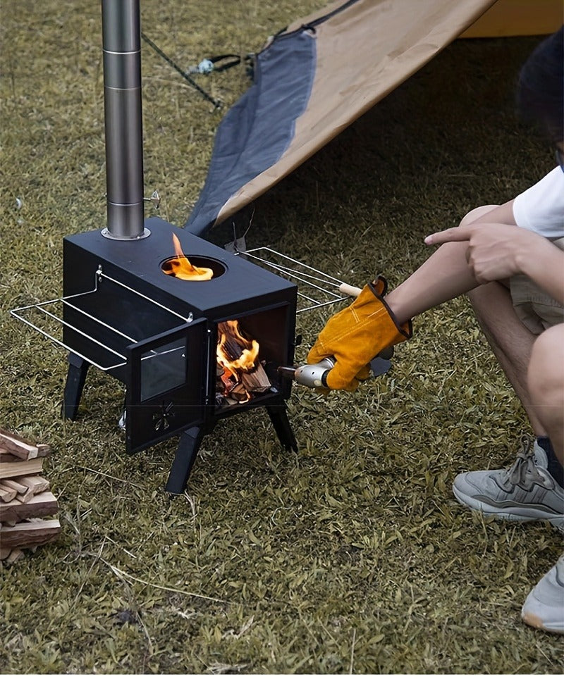 Portable Wood Stove with Chimney Pipe Set, Folding Legs, Side Shelves and Silver or Black Finish Options