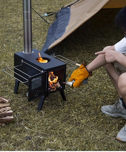 Portable Wood Stove with Chimney Pipe Set, Folding Legs, Side Shelves and Silver or Black Finish Options
