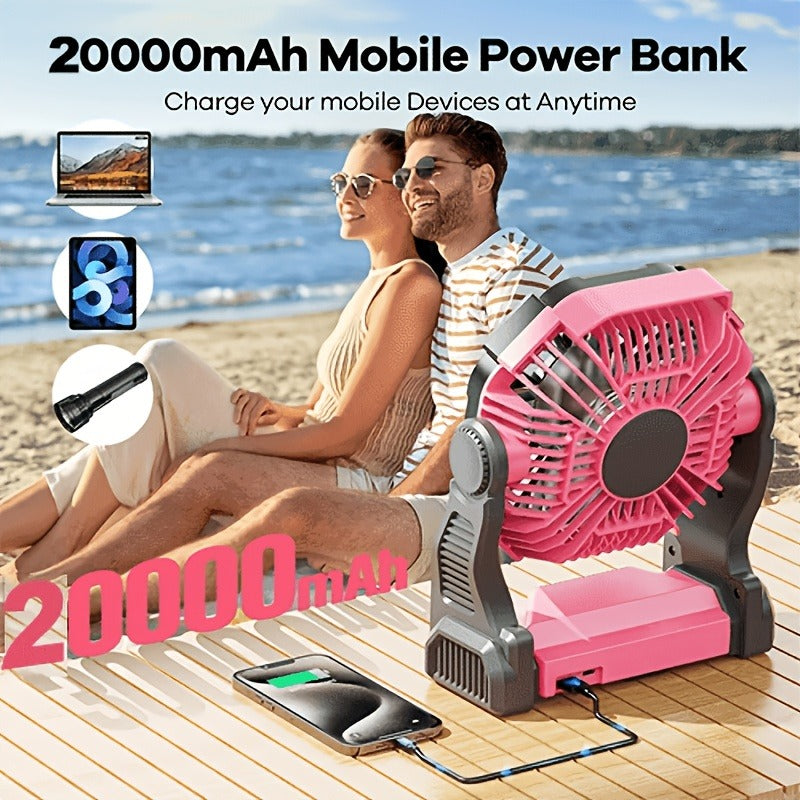 Rechargeable Camping Fan 20000mAh with Misting, Power Bank, RGB Light, 4 Speeds & Tent Hook for Outdoor Use