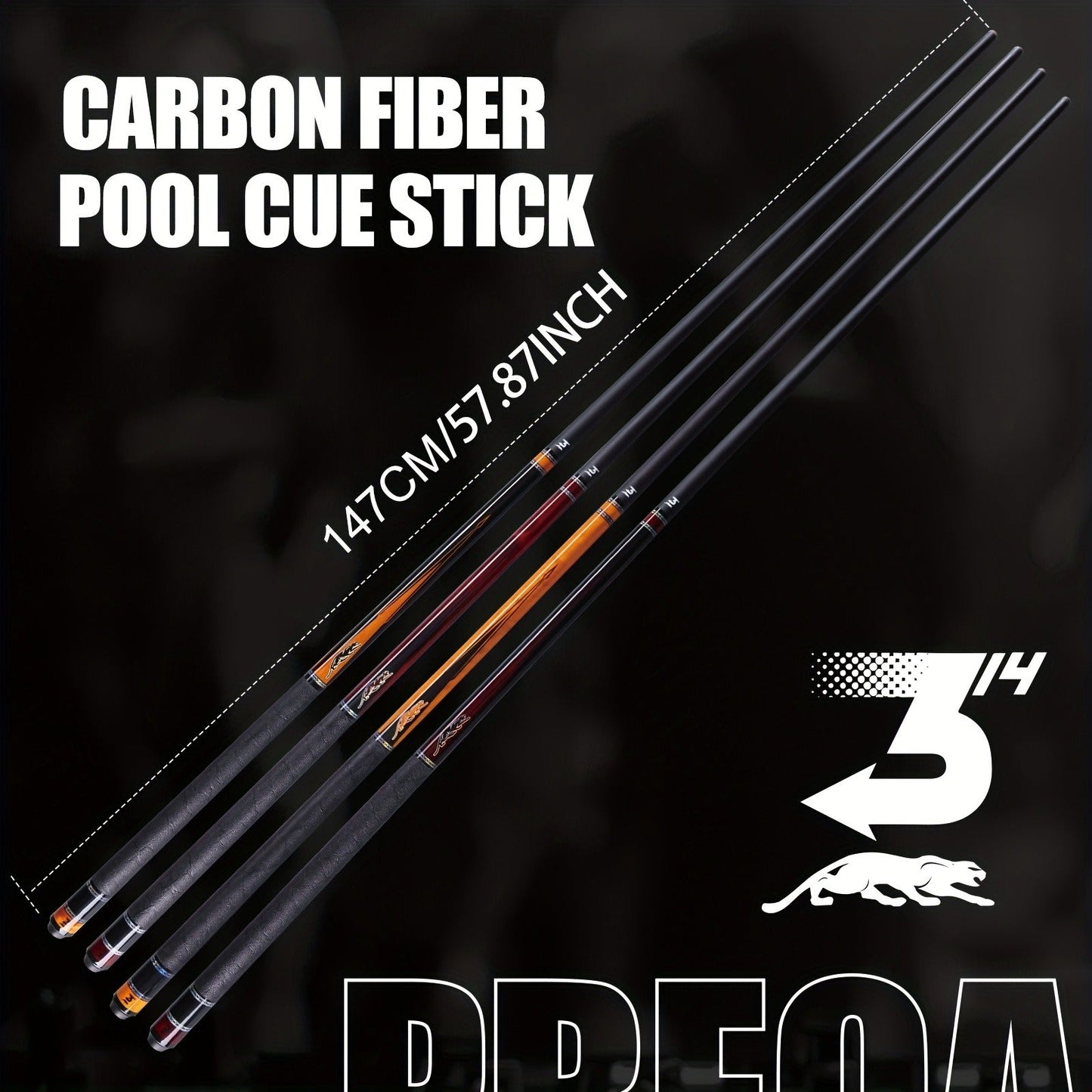 58-Inch Carbon Fiber Pool Cue with 12.5mm Tip, 3/8x8 Joint, Black Wrap and Four SP Graphic Designs