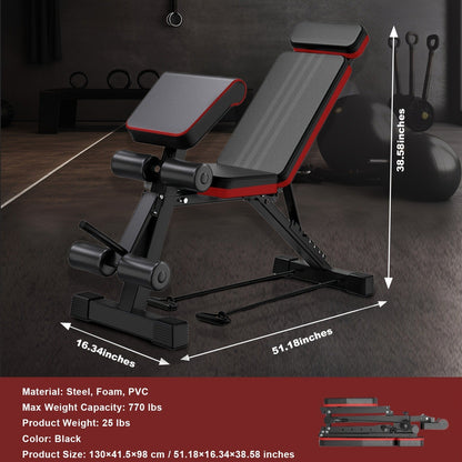 Foldable Adjustable Workout Bench with Black-and-Red Padding, Preacher Curl Pad, Leg Rollers and Resistance Bands