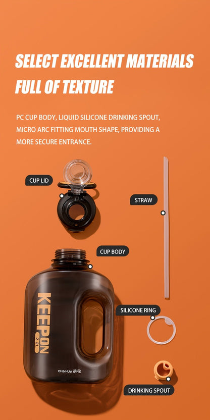 Large Sports Water Bottle with Straw Lid Handle 1500ml 2200ml Leak-Proof Lockable Food-Grade PP PC Hydration Bottle for Gym Fitness Hiking