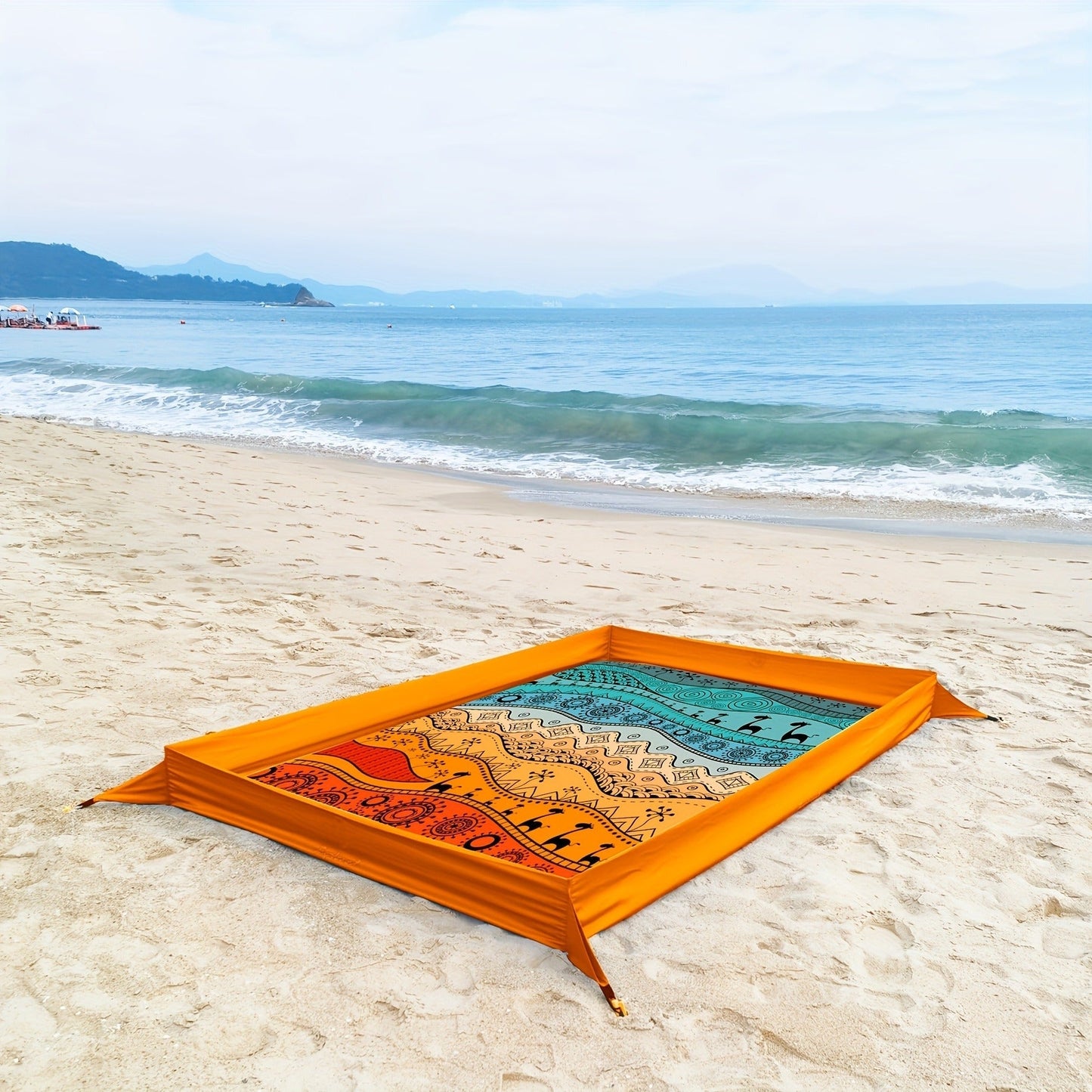 Sand-Wall Beach Mat with Four Stakes and Carry Bag, 140 x 220cm in Six Printed Styles for Outdoor Picnics