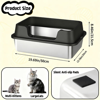 Stainless Steel Cat Litter Box with High-Wall Surround, Front Step, Scoop and 8.46- or 10.43-Inch Wall Options