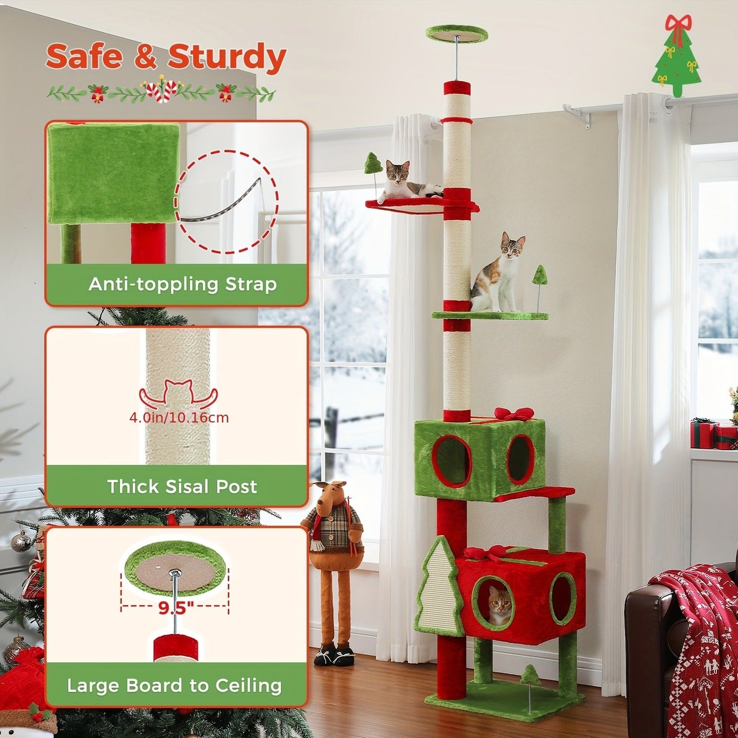 90-107.9-Inch Floor-to-Ceiling Cat Tree with Four Platforms, Tension Post and Five Style Options