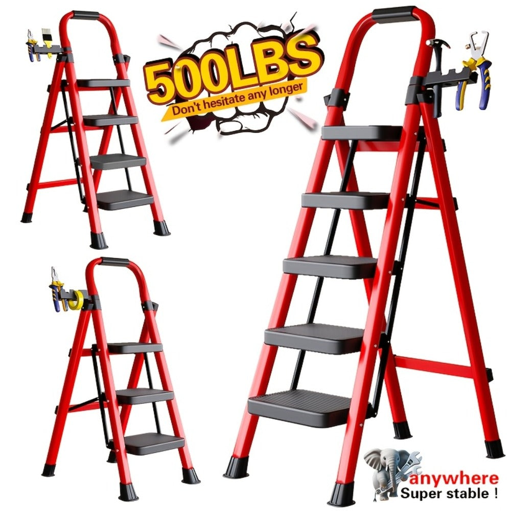 Folding Step Ladder 3 5 Step Steel Anti-Slip Wide Treads Handrail Safety Lock Portable for Home Cooking, Dining and Outdoor Meals