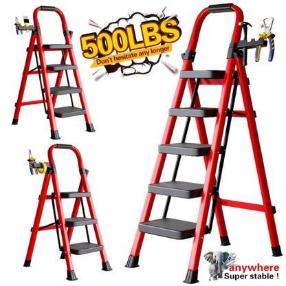 Folding Step Ladder 3 5 Step Steel Anti-Slip Wide Treads Handrail Safety Lock Portable for Home Cooking, Dining and Outdoor Meals