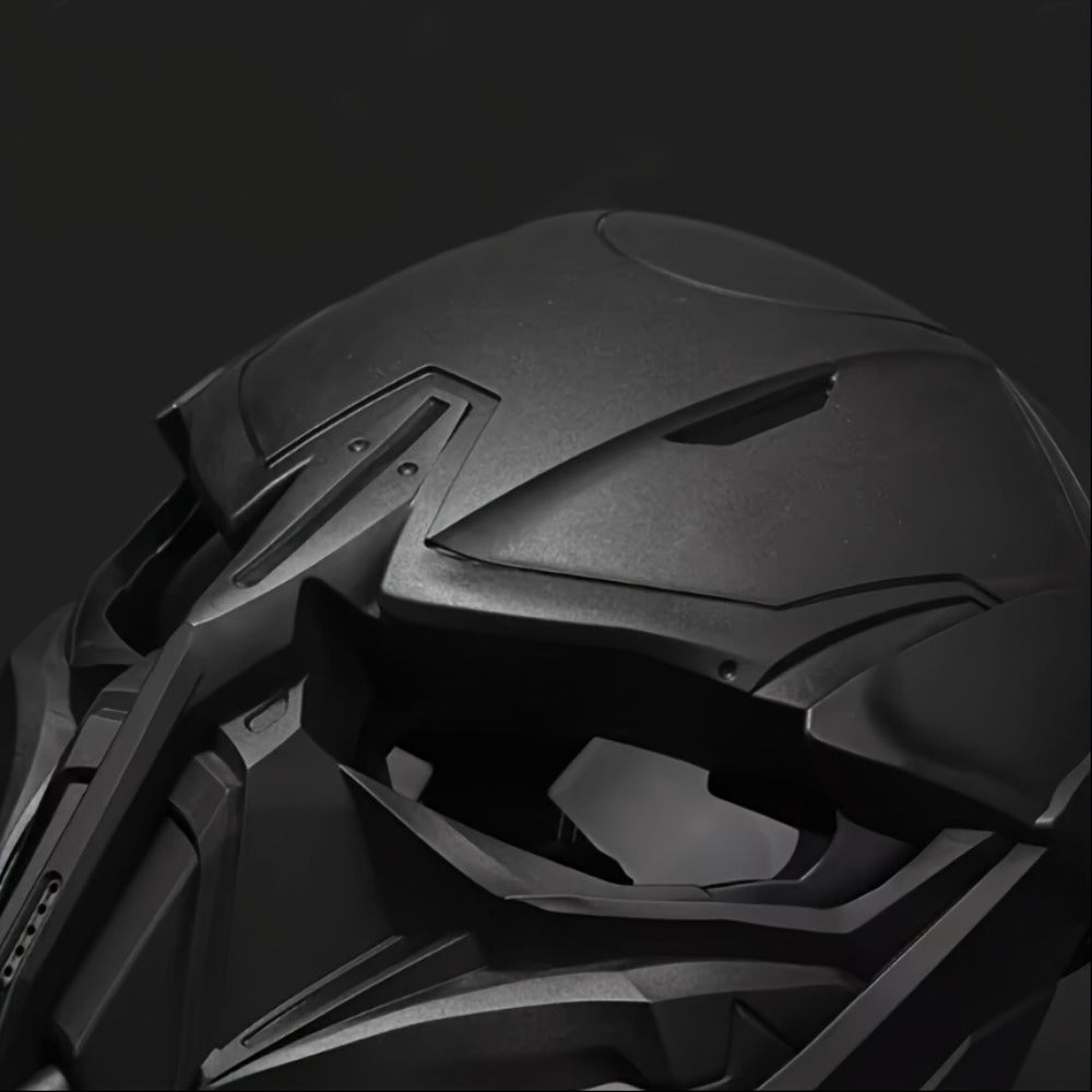 Black Mechanical Costume Mask with Sculpted Lower-Face Panel, Dark Eye Visor and Side Vent Details