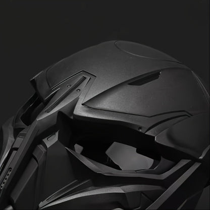 Black Mechanical Costume Mask with Sculpted Lower-Face Panel, Dark Eye Visor and Side Vent Details