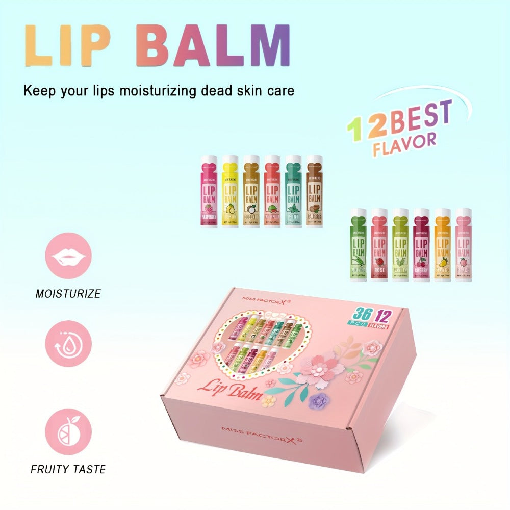 Lip Balm 36-Piece Tinted Gift Set with 12 Flavors, Glossy Finish and Colorful Tube Packaging
