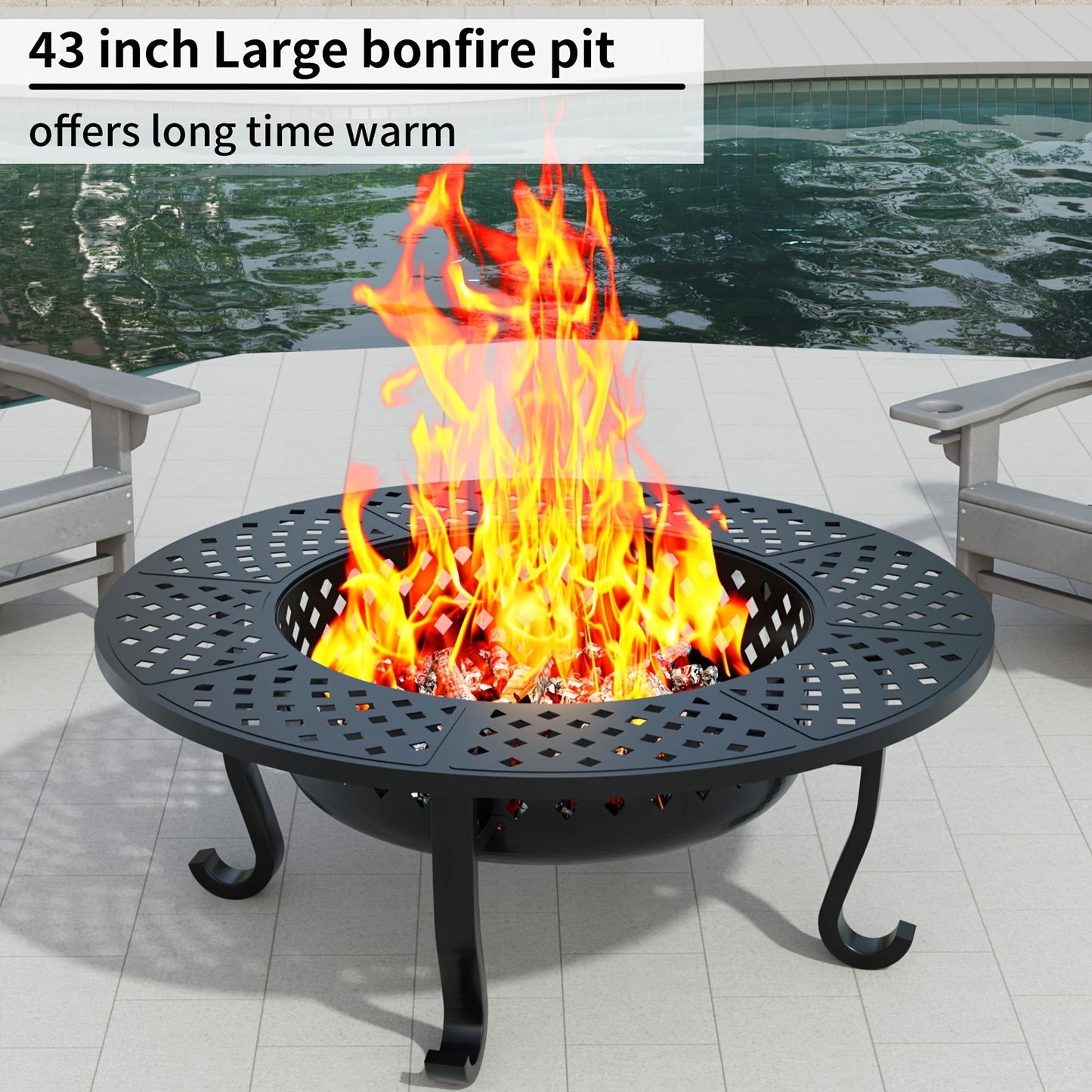 43-Inch Round Fire Pit Table with Two Cooking Grates, Center Lid, Perforated Bowl and Long Poker