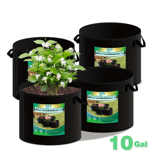 Four-Pack Black Grow Bags with Handles in 5-Gallon or 10-Gallon-Labeled Size Options for Container Gardening