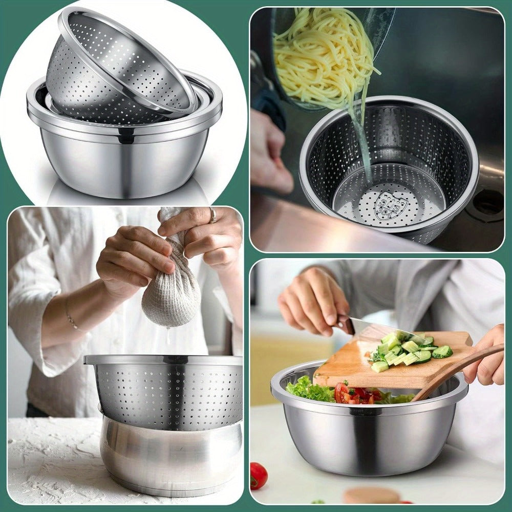 Stainless Steel Colander with Mixing Bowl Set 304 Food Grade Strainer Bowl for Washing for Home Cooking, Dining and Outdoor Meals