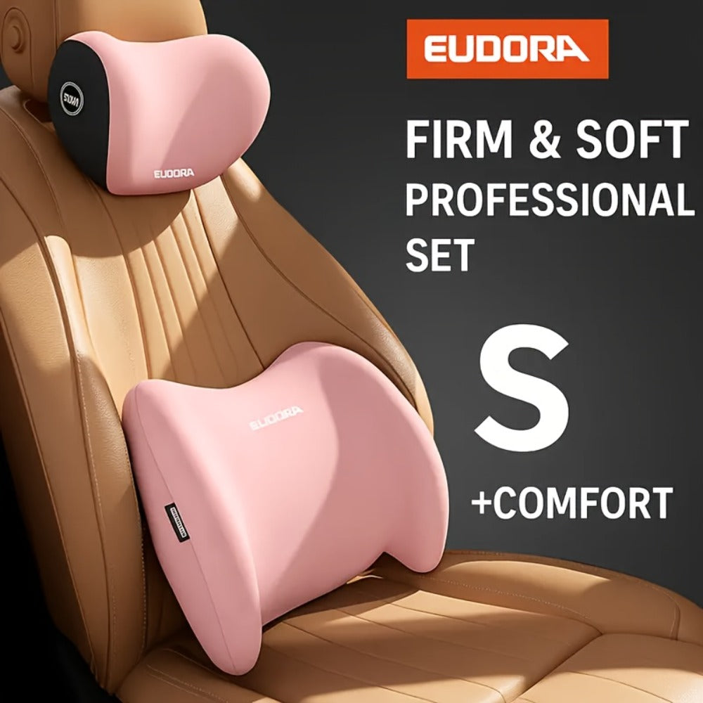 Car Headrest and Lumbar Cushion Set with Sponge Fill, Attachment Straps and Six Color Options for One Seat