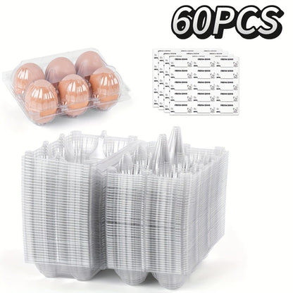 Plastic Egg Cartons, 60 Pack Clear 6-Cavity Reusable Egg Holders with 4 Label Stickers – Bulk Egg Carton Set for Home, Ranch, Chicken Farm