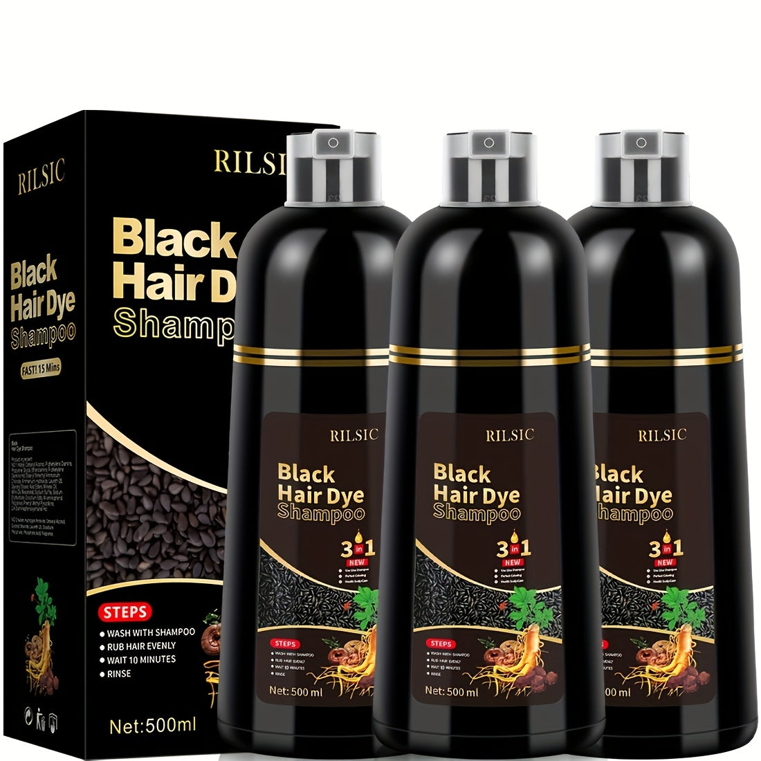 Hair Dye Shampoo, RILSIC Three-Pack of 500ml Bottles in Black, Brown, Dark Brown or Chestnut Brown