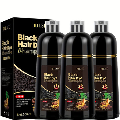 Hair Dye Shampoo, RILSIC Three-Pack of 500ml Bottles in Black, Brown, Dark Brown or Chestnut Brown