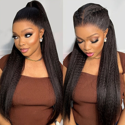 Synthetic Wig 26-Inch Black Kinky-Straight Yaki with HD Lace Front, Glueless Cap and with Item-Specific Color, Length, Texture and Cap