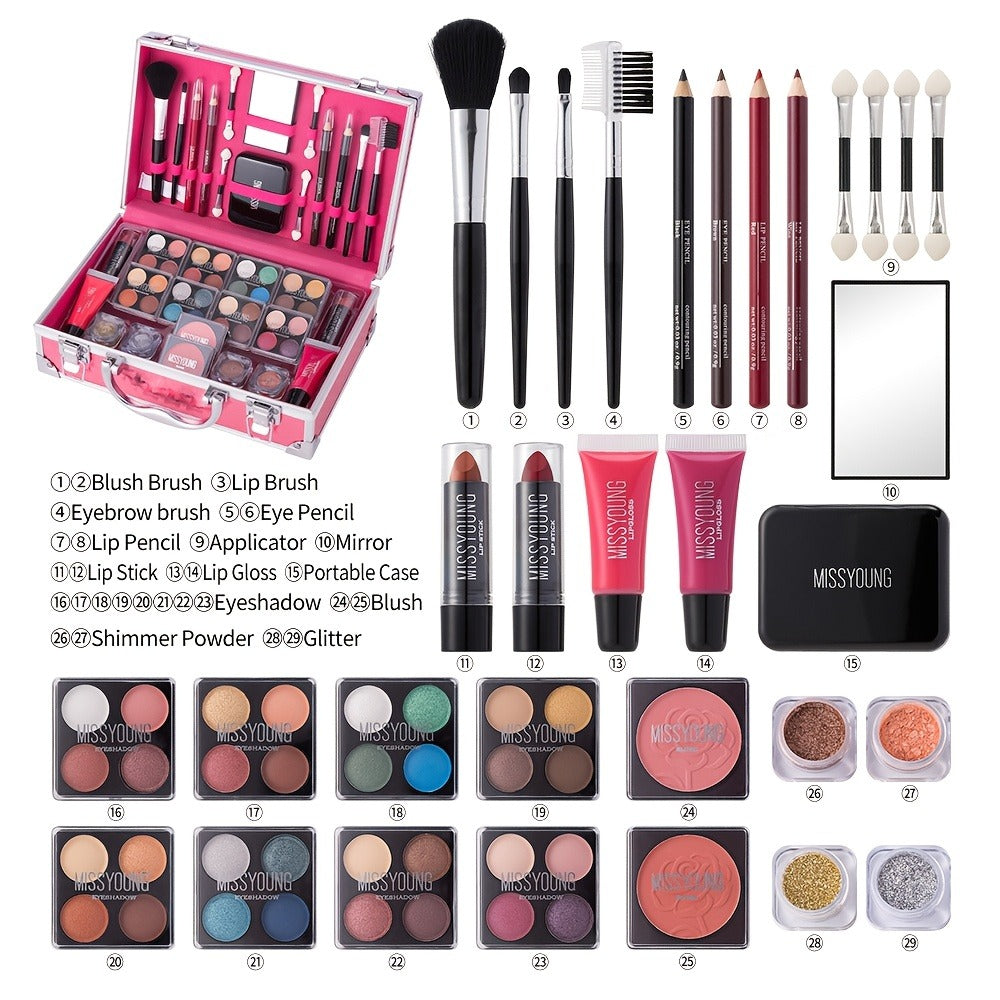 Makeup Kit 56-Piece Handled Mirror Case with Mixed Face, Eye and Lip Cosmetics in Silvery or Rose Color