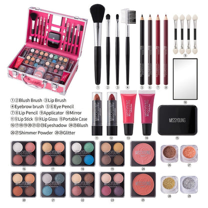 Makeup Kit 56-Piece Handled Mirror Case with Mixed Face, Eye and Lip Cosmetics in Silvery or Rose Color
