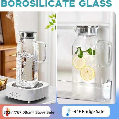 Glass Pitcher with Lid & Handle 2L 68oz, Square Borosilicate Water Jug, Heat Resistant Carafe for Fridge