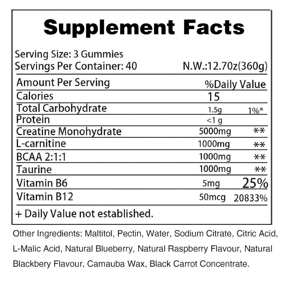Creatine Monohydrate Gummies 8000mg Blueberry Flavor, with L-Taurine, BCAA, Vitamin B6 & B12