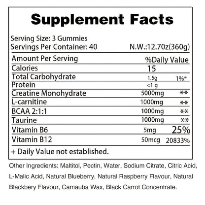 Creatine Monohydrate Gummies 8000mg Blueberry Flavor, with L-Taurine, BCAA, Vitamin B6 & B12