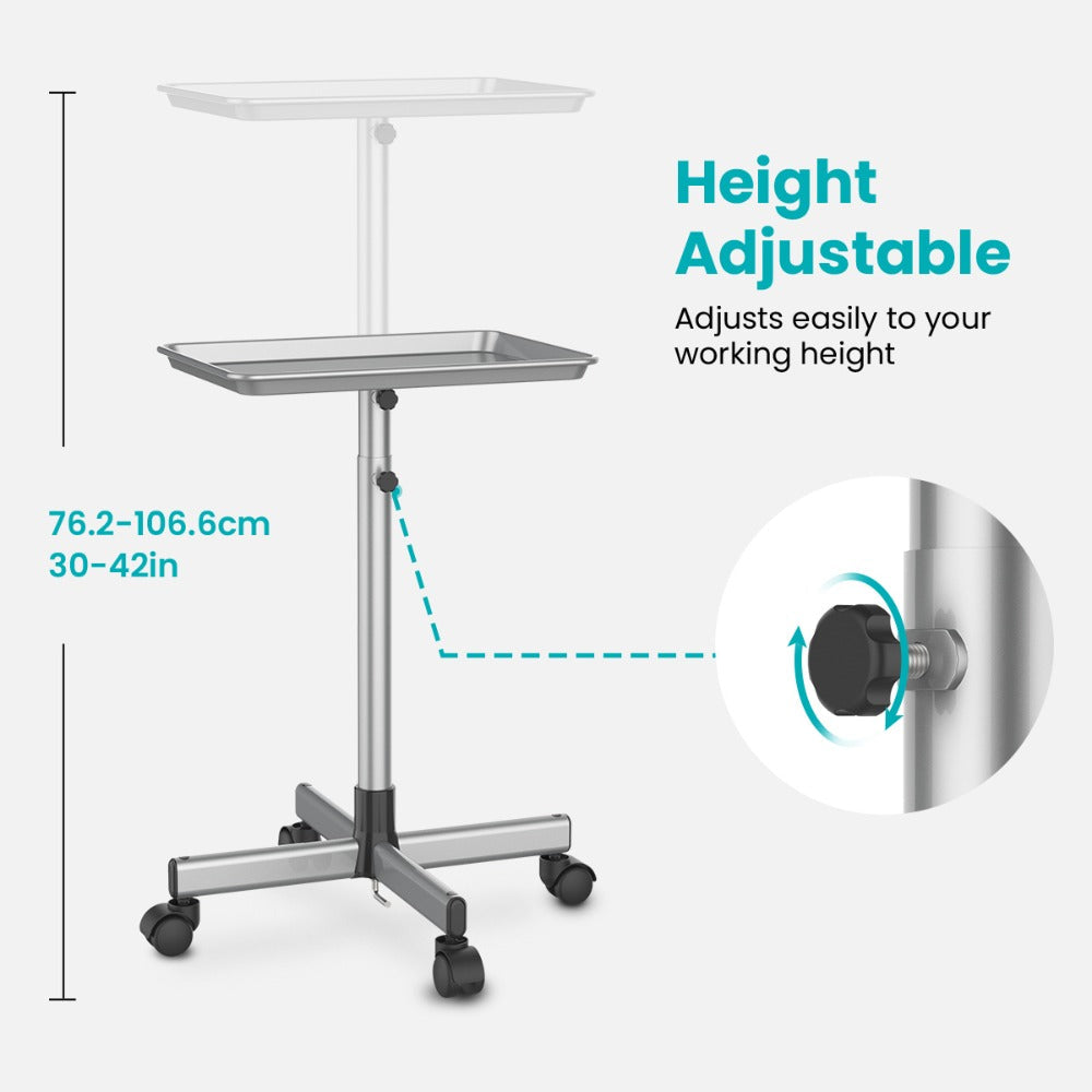 Salon Rolling Tray Trolley on Wheels Height Adjustable 30"-42" – Silver Mobile Salon Cart for Nail Tech, Esthetician, Barber