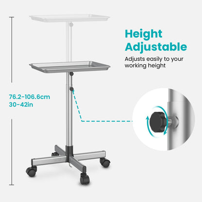 Salon Rolling Tray Trolley on Wheels Height Adjustable 30"-42" – Silver Mobile Salon Cart for Nail Tech, Esthetician, Barber